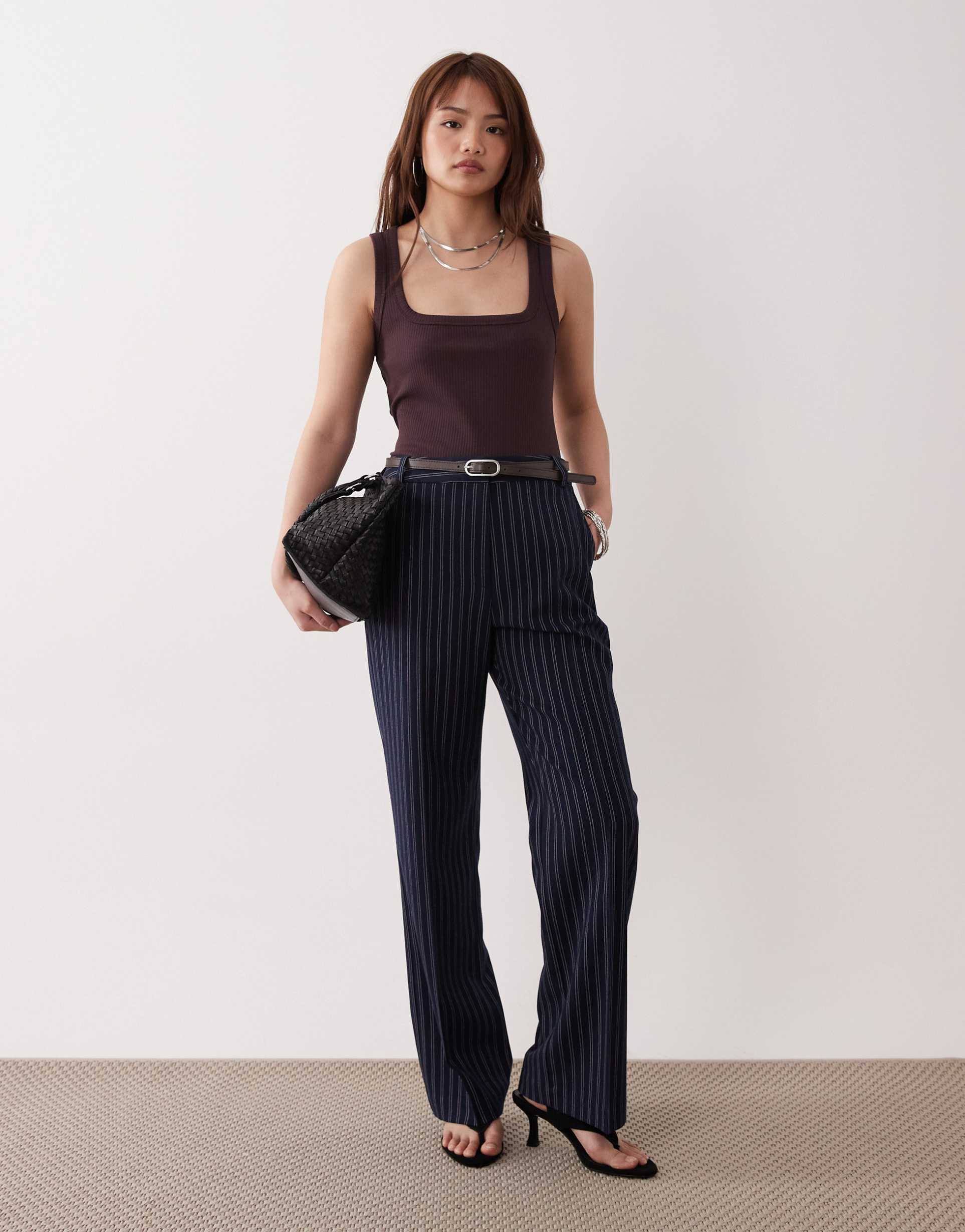 asos design petite tailored slim straight leg pants in navy stripes