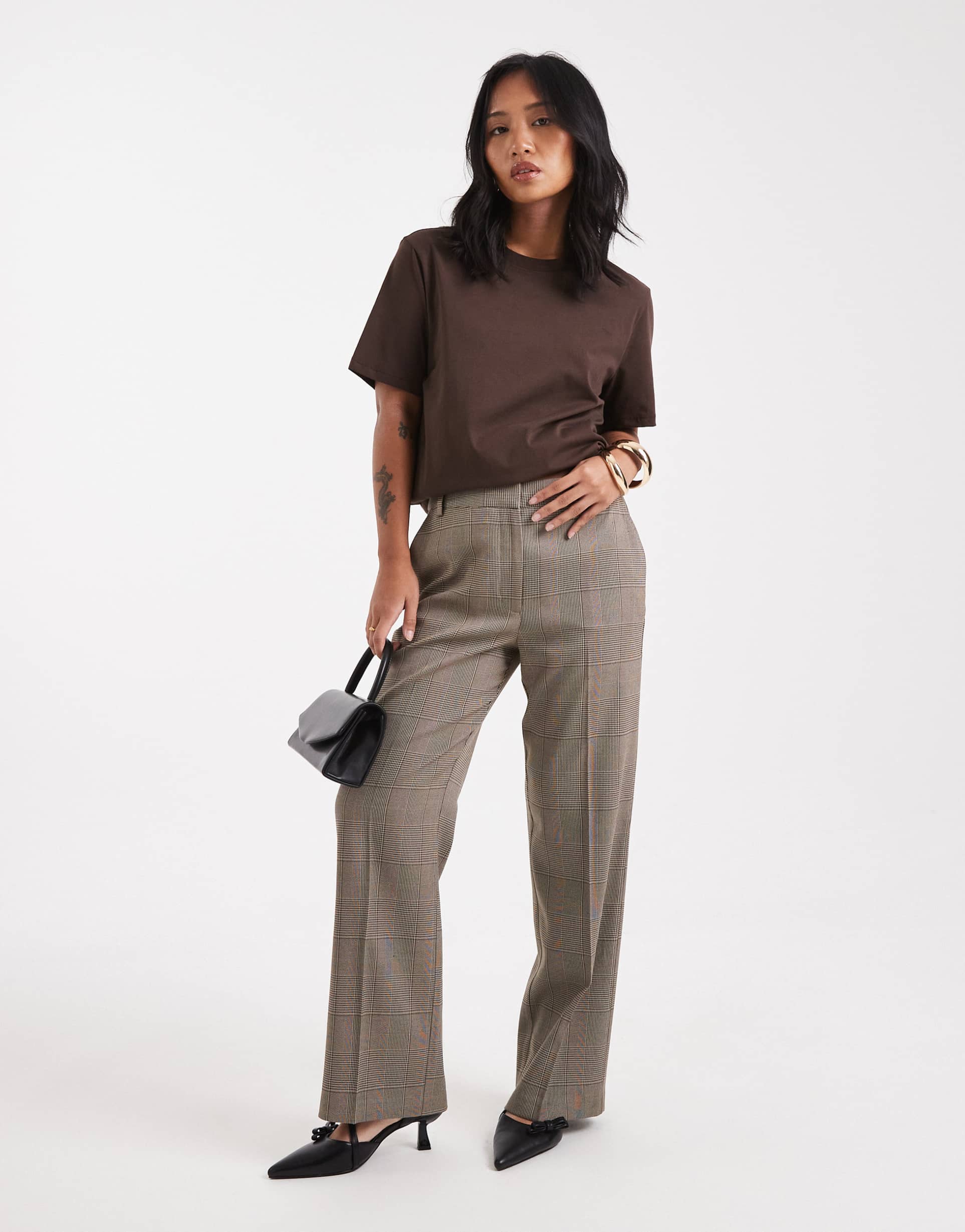asos design petite tailored slim straight leg pants in plaid
