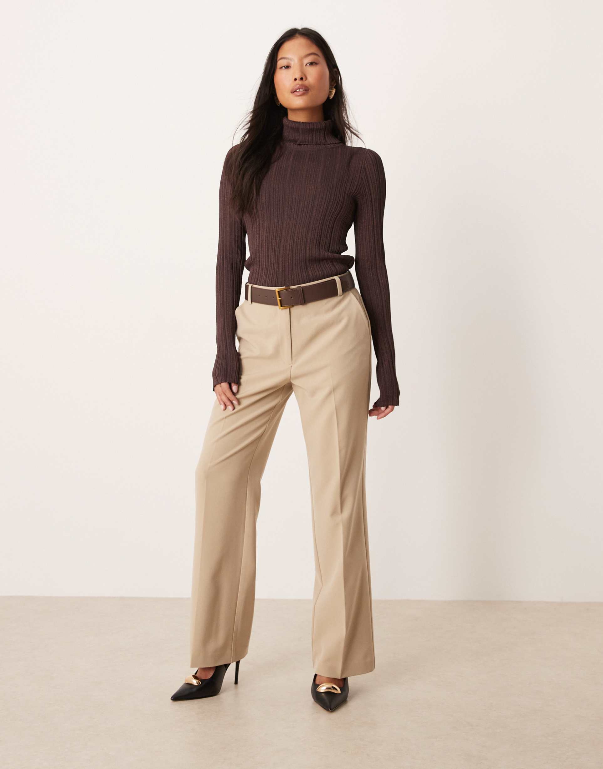 asos design petite tailored slim straight leg pants with belt in neutral