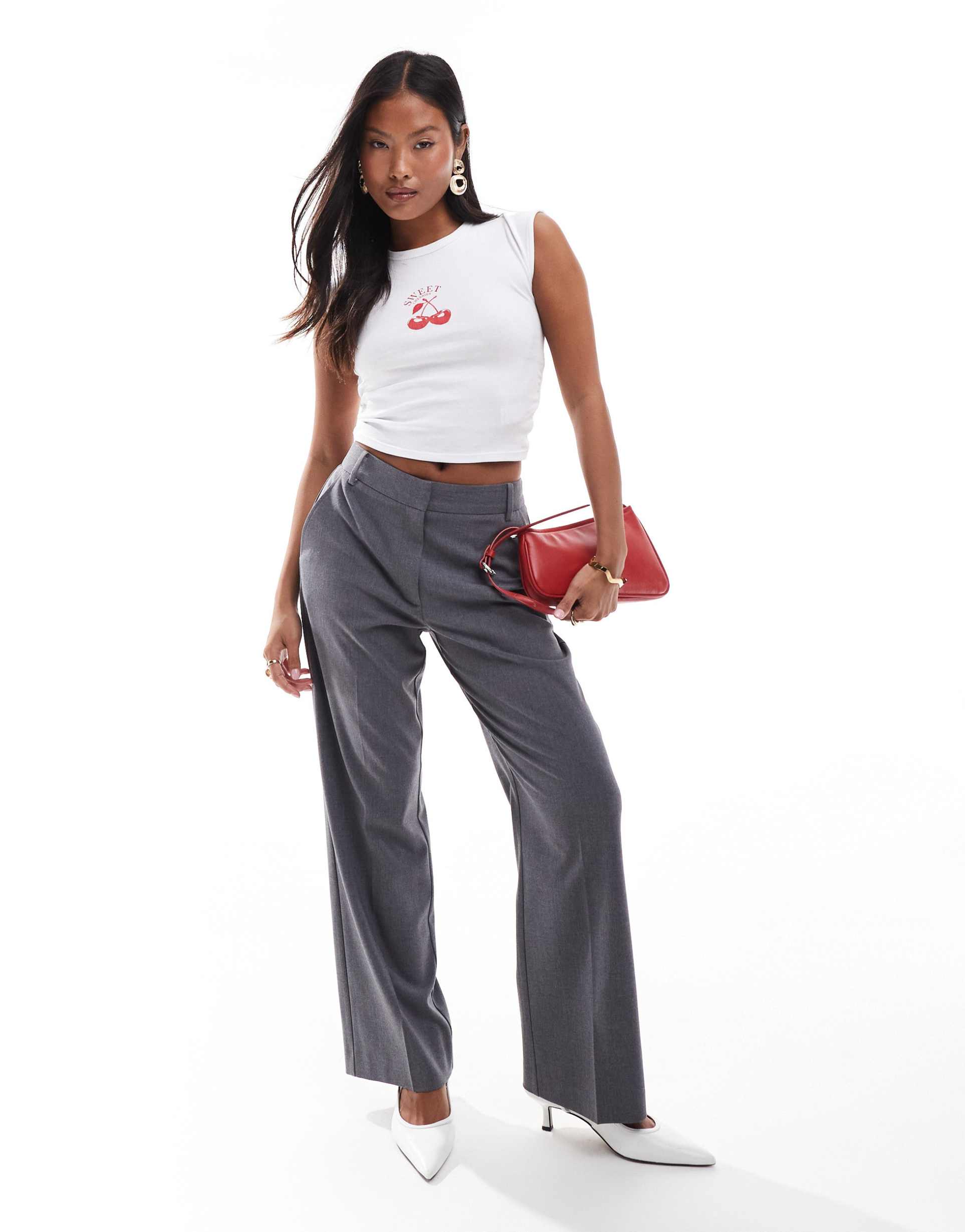 asos design petite tailored slim straight pants in gray