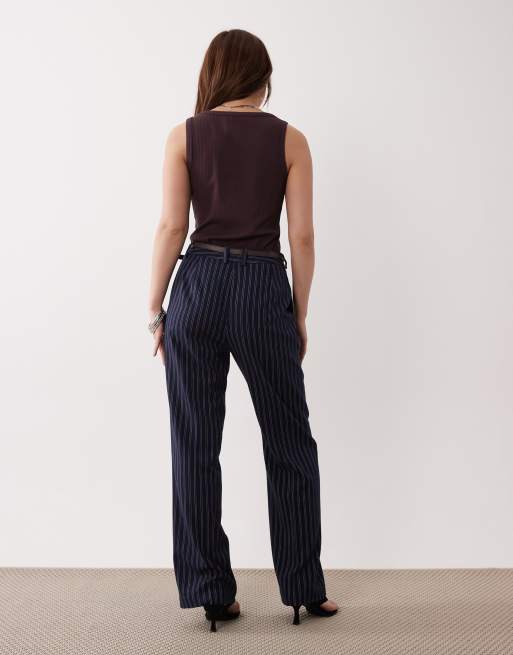 ASOS DESIGN Petite tailored slim straight pants in navy stripe, 2 of 5