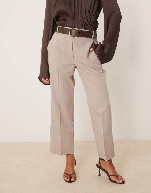 ASOS DESIGN Petite tailored slim straight pants with belt in mink stripe
