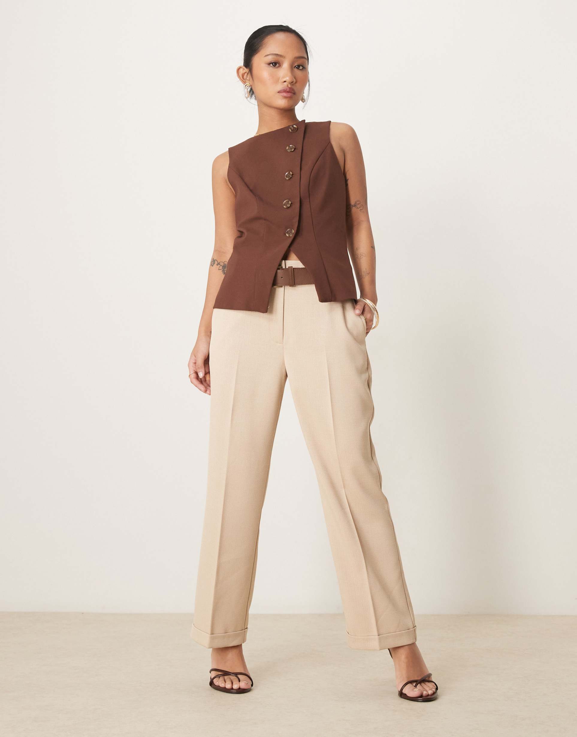 asos design petite tailored slim straight pants with belt in stone