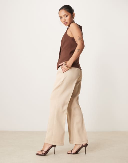ASOS DESIGN Petite tailored slim straight pants with belt in stone