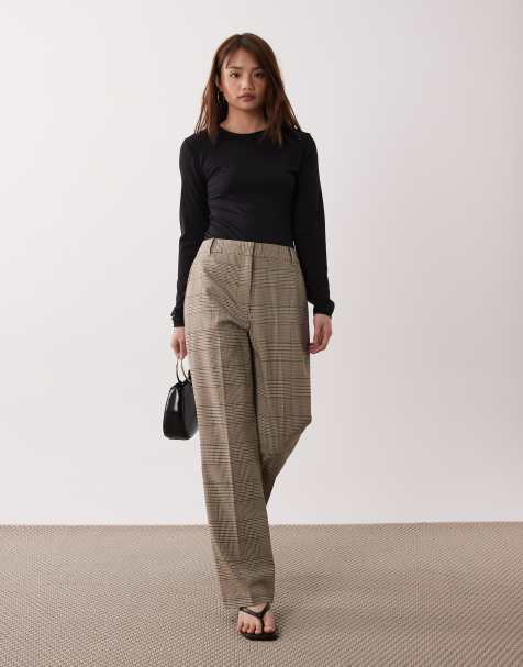 ASOS DESIGN Petite tailored slim straight trouser in brown check - view 1