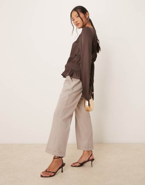 ASOS DESIGN Petite tailored slim straight trousers with belt in mink stripe - view 1