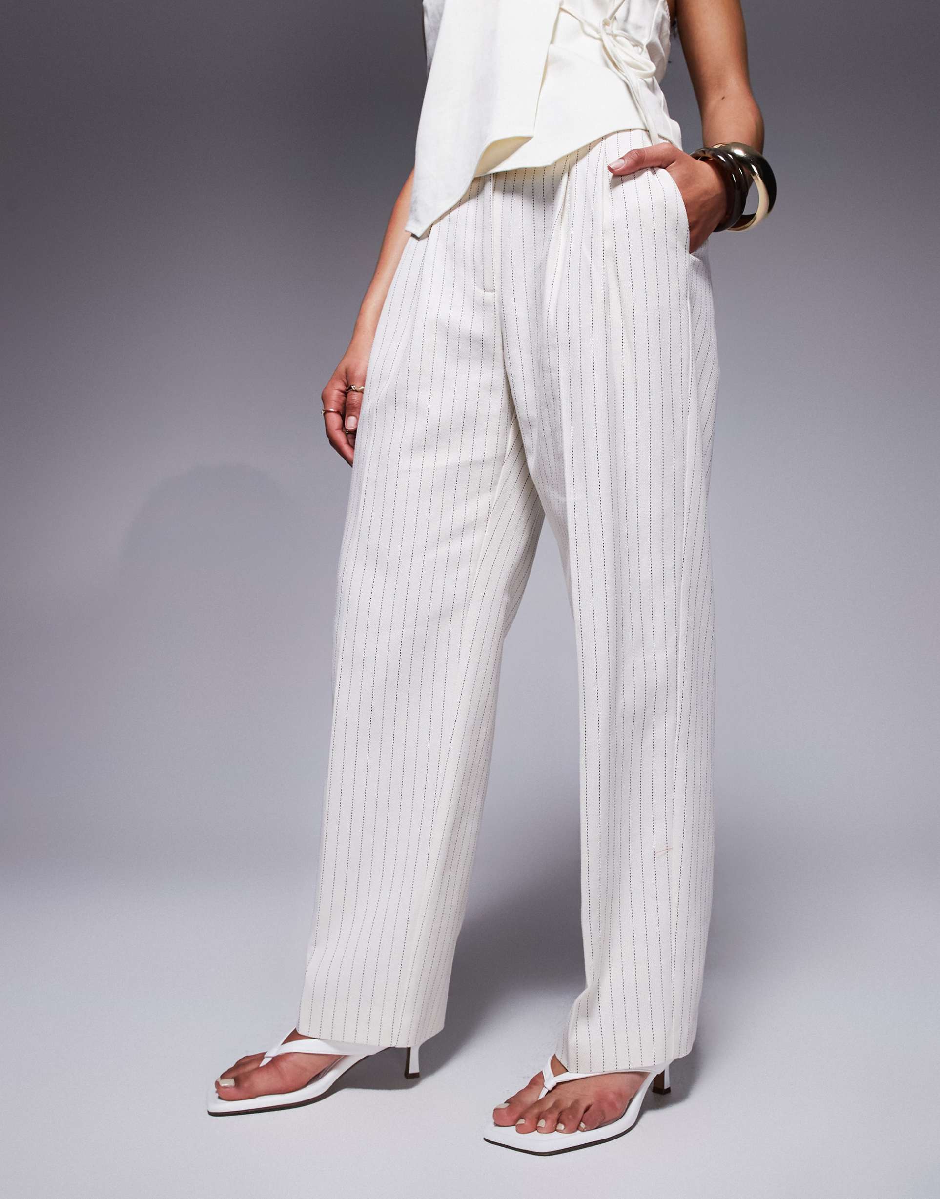 asos design petite tailored straight leg pants with pleat detail in cream stripe