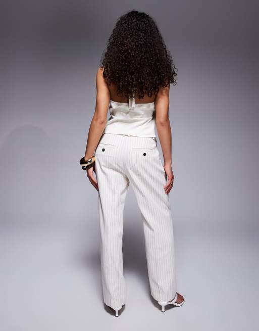 ASOS DESIGN Petite tailored straight leg pants with pleat detail in cream stripe, 4 of 5