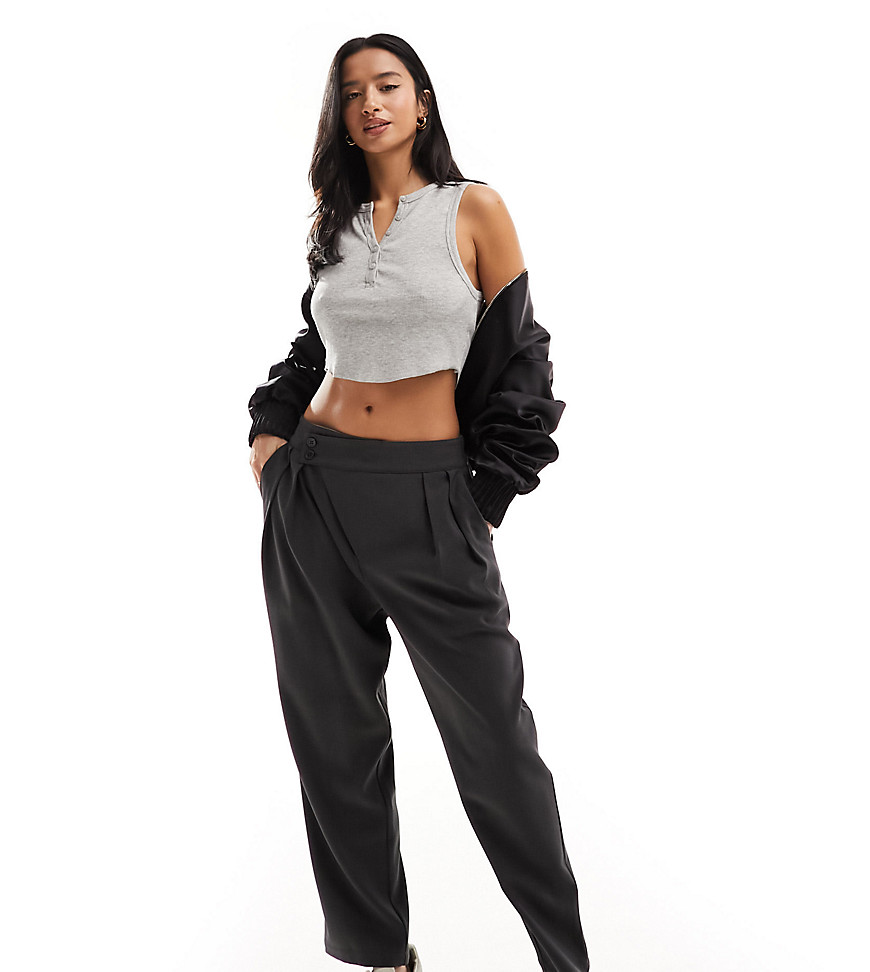 ASOS DESIGN Petite tailored tapered trousers with asymmetric waist in charcoal-Neutral