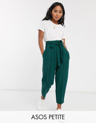 ASOS Petite ASOS DESIGN Petite tailored tie waist tapered ankle grazer trousers-Green