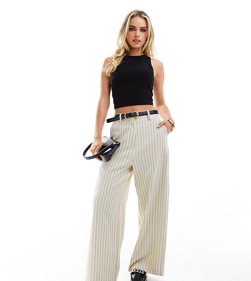 ASOS DESIGN Petite tailored trousers with belt in cream stripe-White