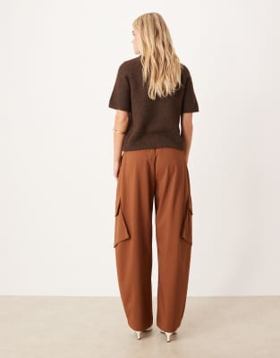 Asos Design Petite Tailored Utility Barrel Leg Pants In Brown