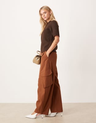 ASOS Design Petite tailored utility barrel leg pants in tobacco brown