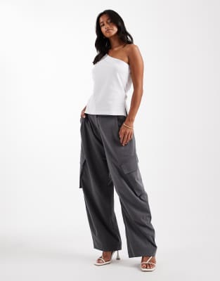 Asos Design Petite Tailored Utility Barrel Pants In Gray
