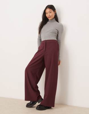 Petite tailored wide leg dad pants in burgundy