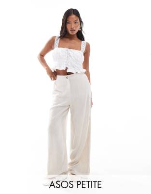 ASOS Petite ASOS DESIGN Petite tailored wide leg dad trousers with linen in natural-Neutral