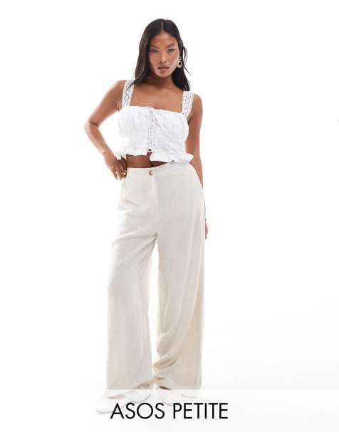 ASOS DESIGN Petite tailored wide leg dad trousers with linen in stone