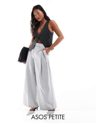 ASOS DESIGN Petite tailored wide leg pants with cross over pleat detail in gray