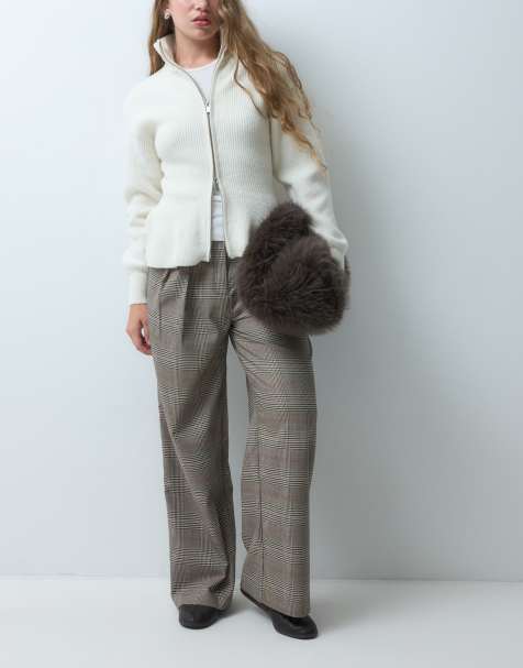 ASOS DESIGN Petite Tailored wide leg pants with pleat detail in brown check - view 1