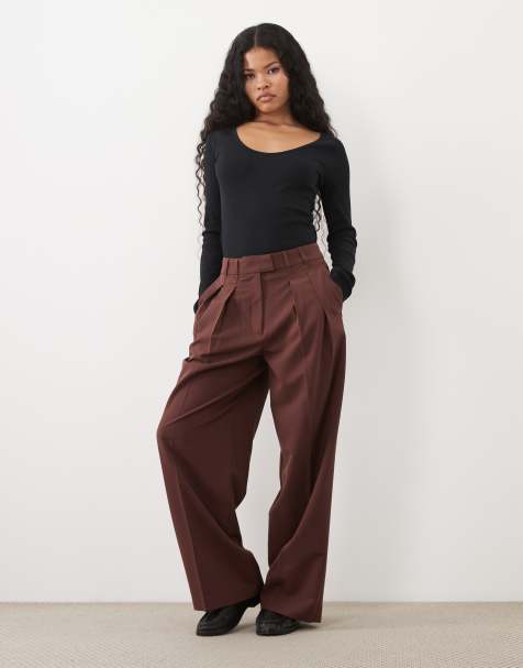 ASOS DESIGN Petite Tailored wide leg pants with pleat detail in deep brown - view 1