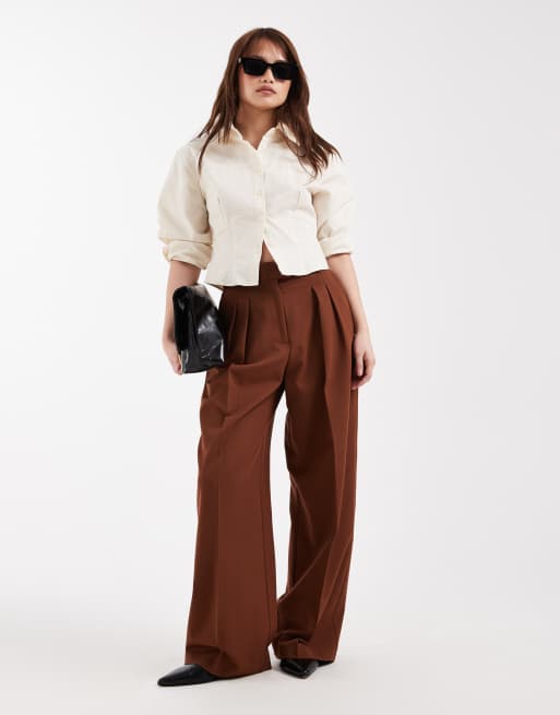 ASOS DESIGN Petite tailored wide leg pants with pleat detailing in caramel, 2 of 5