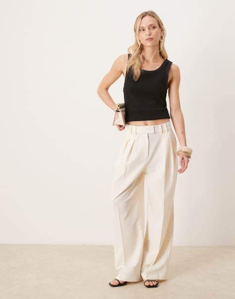 ASOS DESIGN Petite tailored wide leg pants with pleated detailing in cream - view 1