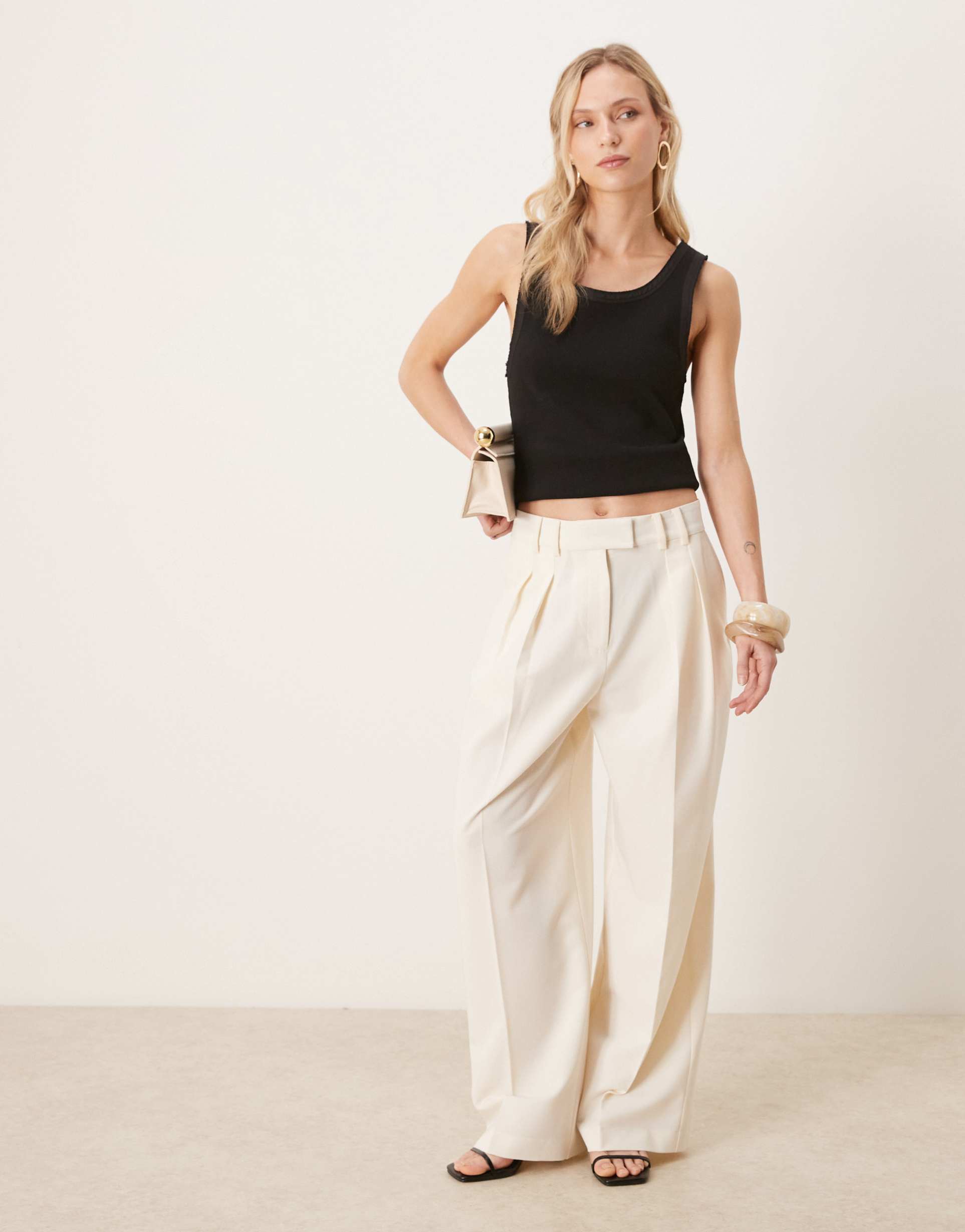 asos design petite tailored wide leg pants with pleated detailing in cream