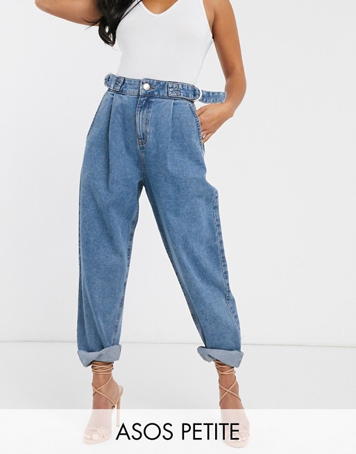 ASOS DESIGN Petite Tapered boyfriend jeans with D-ring waist detail with curved seams in mid blue