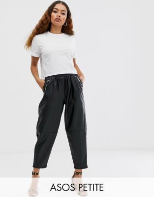 ASOS DESIGN Petite tapered leather look pants-Black