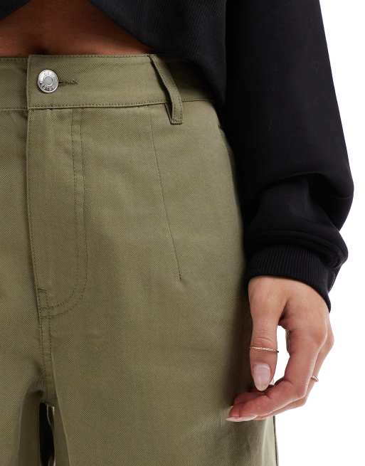 ASOS DESIGN Petite tapered pants with turn up detail in olive, 4 of 5