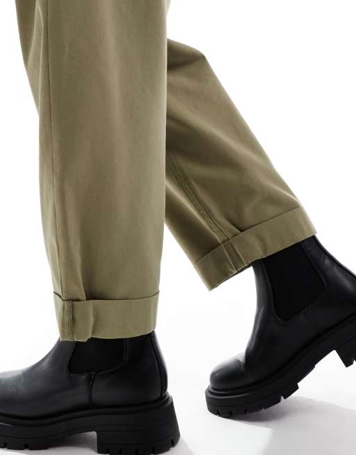 ASOS DESIGN Petite tapered trousers with turn up detail in olive - KHAKI, 3 of 5