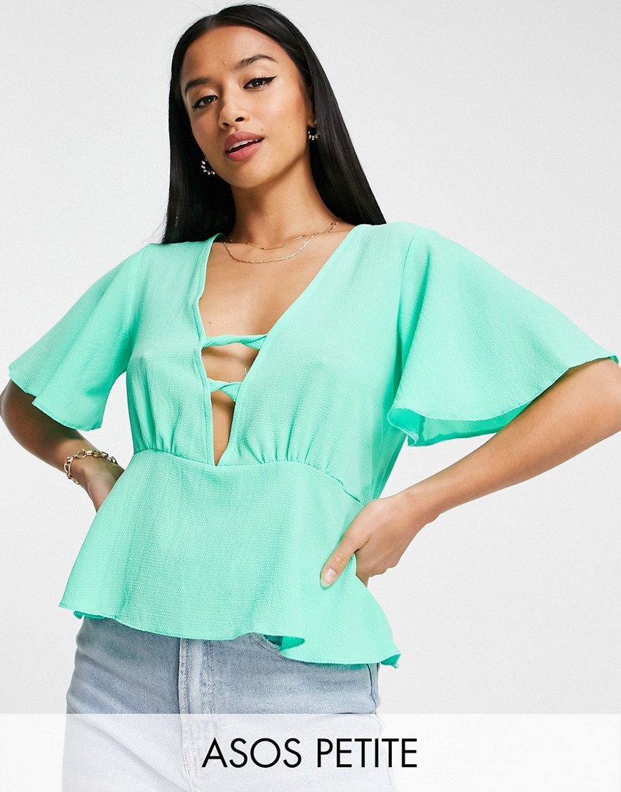 ASOS DESIGN Petite tea blouse with peplum hem and angel sleeve with twist front detail in bright green