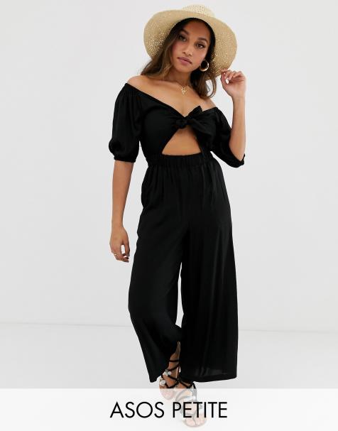 ASOS DESIGN Petite tea jumpsuit with puff sleeve and tie detail