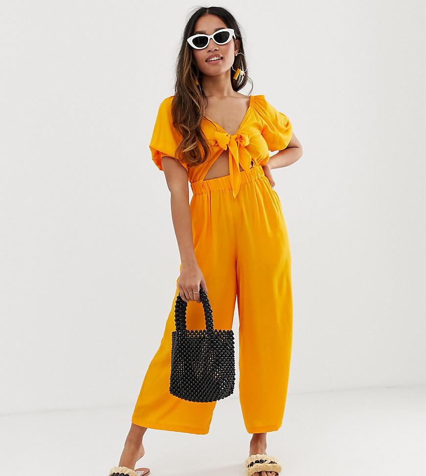 ASOS DESIGN Petite tea jumpsuit with puff sleeve and tie detail-Yellow