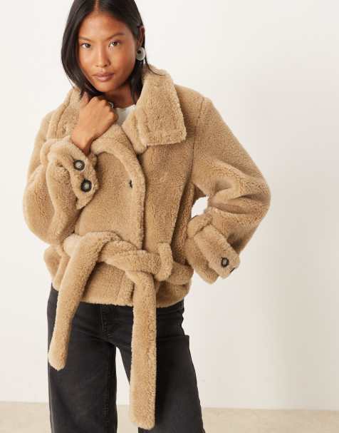 ASOS DESIGN Petite teddy cropped trench coat in oatmeal - view 1
