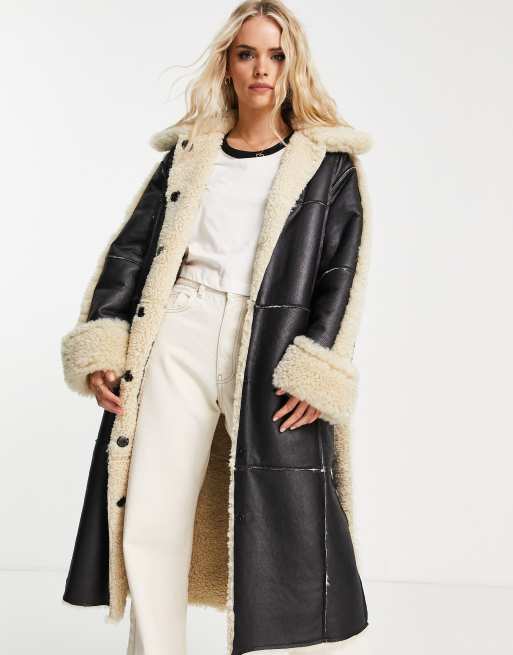 Faux Leather Teddy Trim Coat