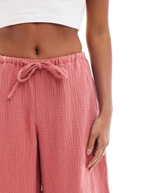 ASOS DESIGN Petite – Terrakottaröda byxor i bomullsväv med knytmidja, 4 av 5