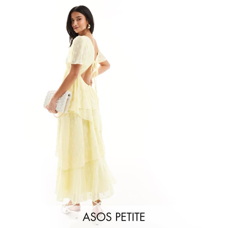 ASOS DESIGN Petite textured asymmetric ruffle midi dress with tie back neck  in yellow