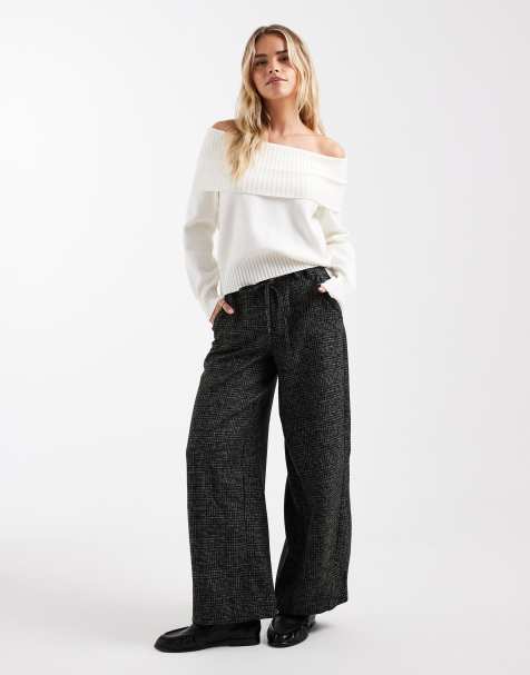ASOS DESIGN Petite textured check barrel leg trousers with seam detail in mono