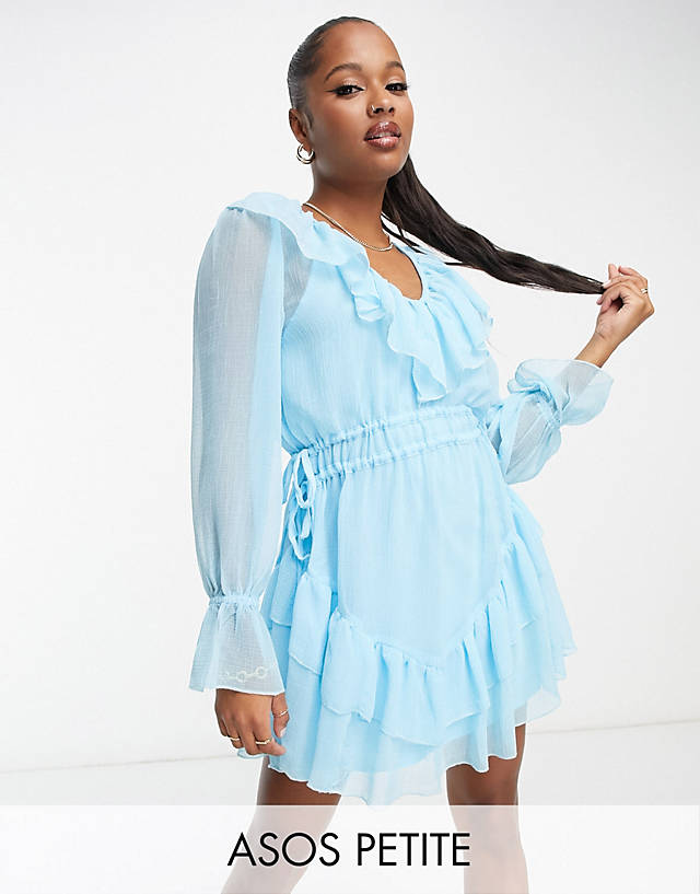 ASOS Petite - ASOS DESIGN Petite textured chiffon waisted mini dress with frills in blue