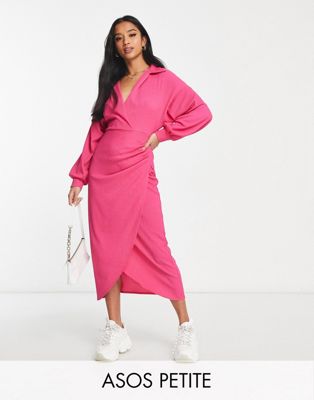 ASOS DESIGN Petite textured collared wrap midi dress in bright pink