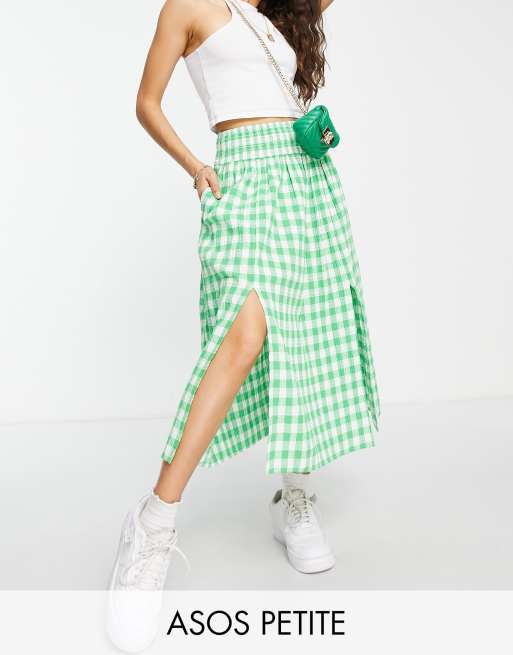 ASOS DESIGN Petite textured green white gingham full midi skirt with pockets