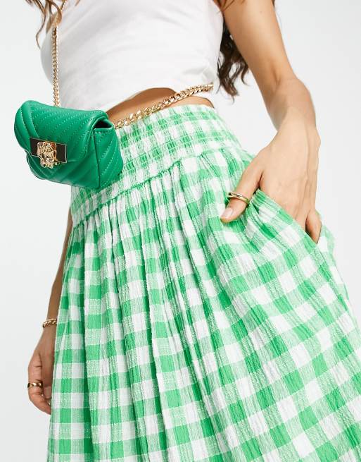 ASOS DESIGN Petite textured green white gingham full midi skirt with pockets