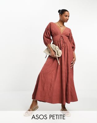 Asos Design Petite Textured Lattice Detail Midi Dress In Rust-Orange