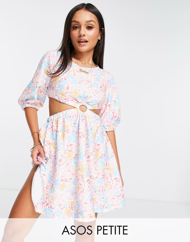 ASOS DESIGN Petite textured mini dress with ring detail in bright floral