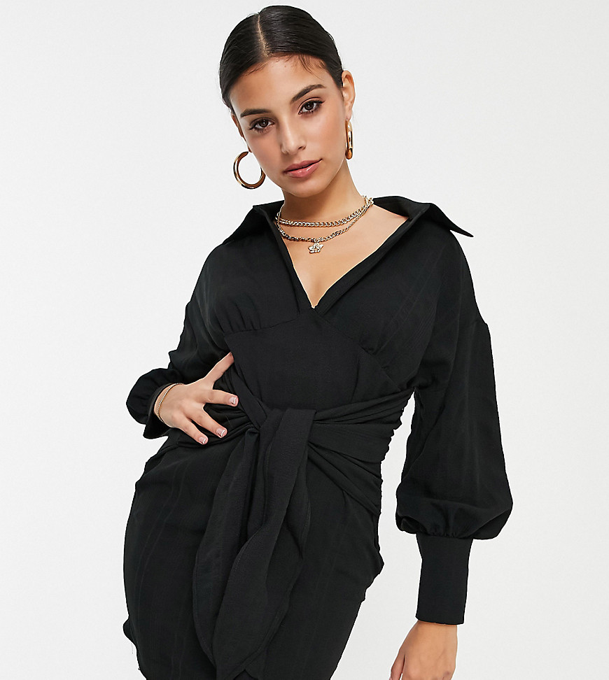 ASOS DESIGN Petite textured mini shirt dress with double tie in black