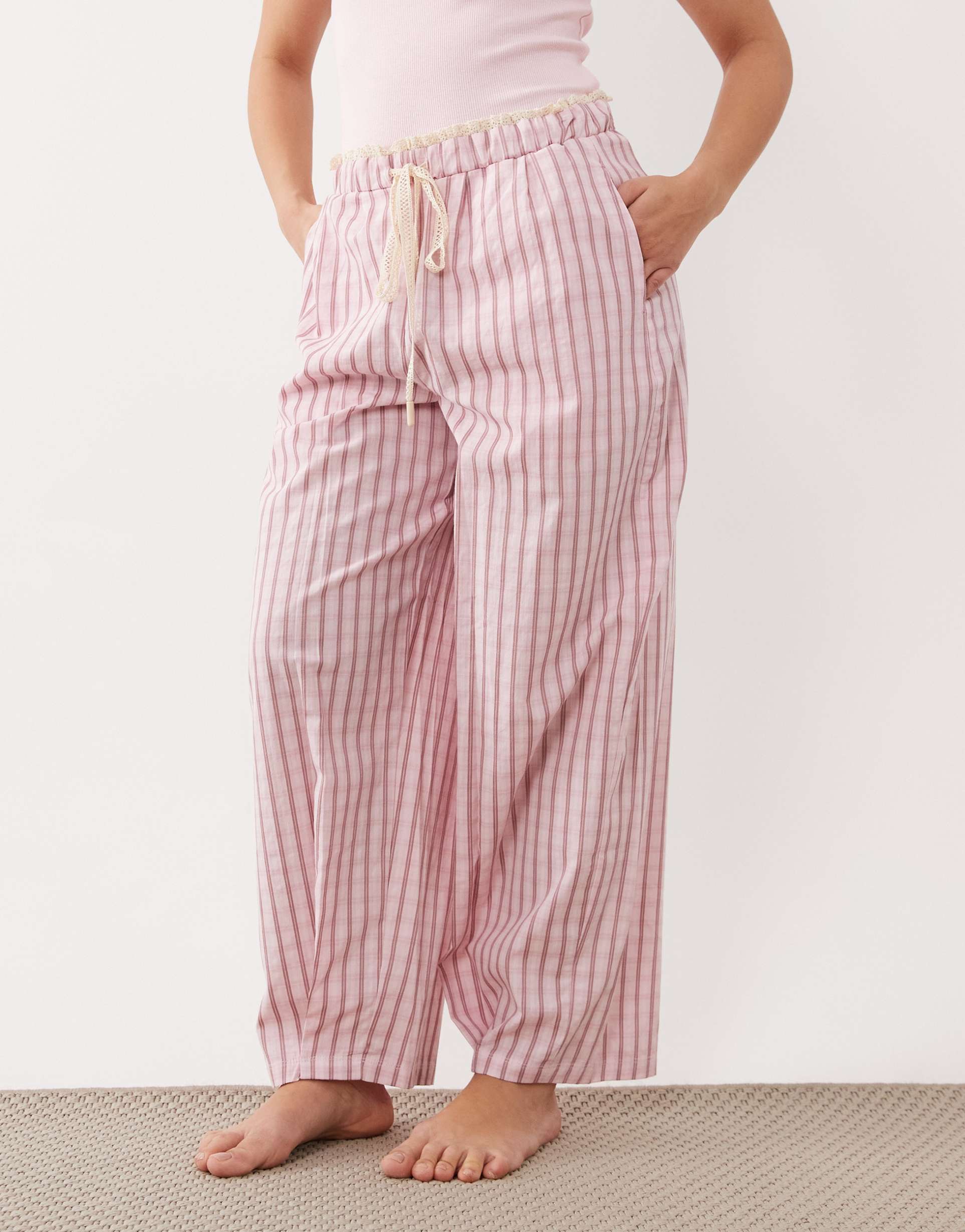 asos design petite textured pajama pants with lace waistband trim in pink plaid
