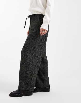 Asos Design Petite Textured Plaid Barrel Leg Pants With Seam Detailing In Black