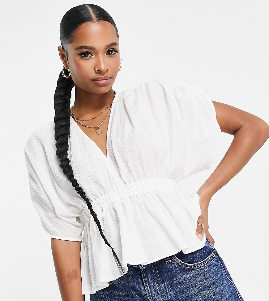 ASOS DESIGN Petite textured plunge front top with elastic waist detail in white-Purple