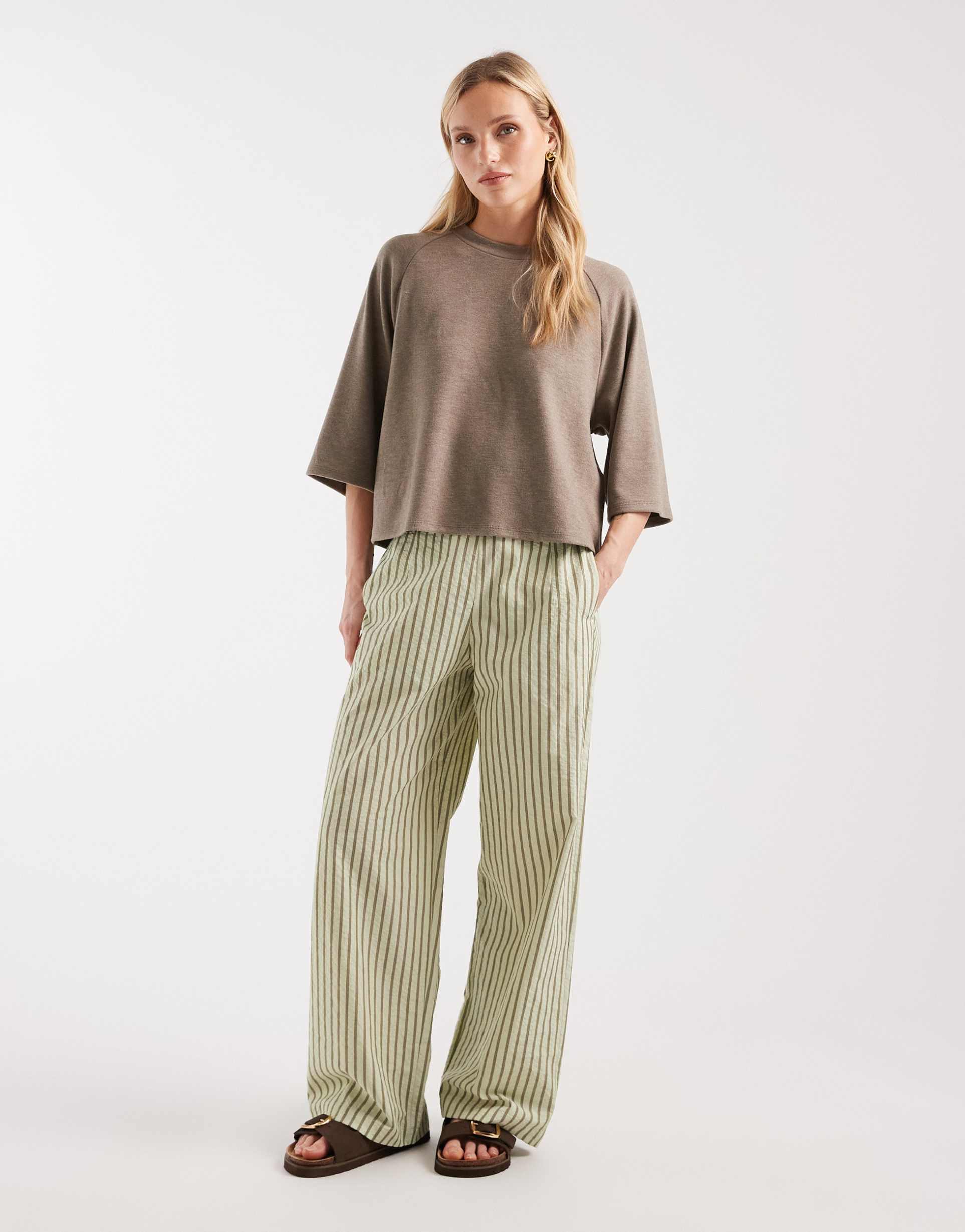asos design petite textured pull on straight leg pants in khaki stripe